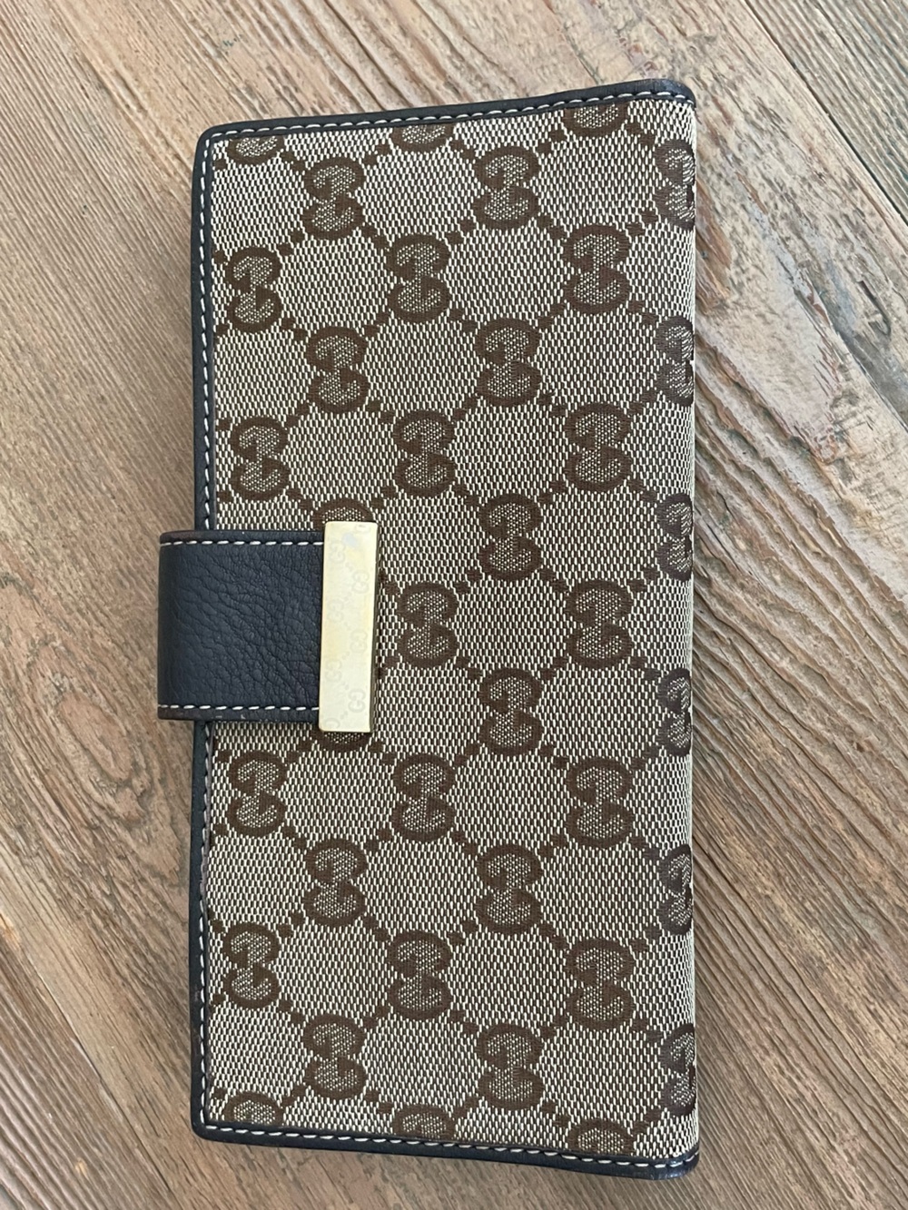Gucci Vintage GG Canvas Continental Wallet Dark Brown Leather